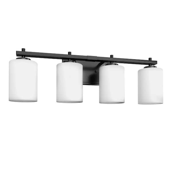 24 in. 4-Light Black Vanity Light with Cylinder Frosted Glass Shade for Powder Rooms or Dressing Rooms
