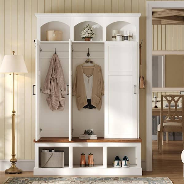 Polibi White Wood Hall Tree with 3 Hidden Storage, Walnut Bench, 5