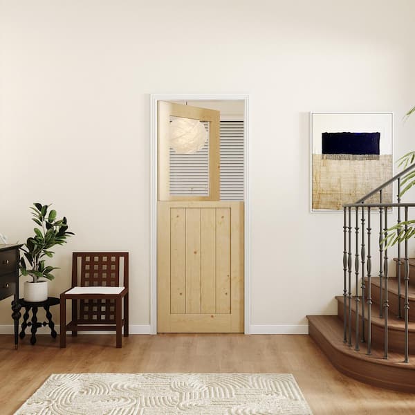 32 in. x 80 in. Finished Interior Dutch Door, Half Clear Glass Split Single Door Slab with Natural Pine Wood Color