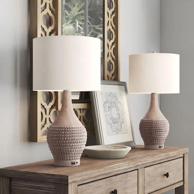 24.75 in. Wood Vintage Dimmable Resin Bedroom Living Room Bedside Desk Nightstand Table Lamps USB Port (Set of 2)