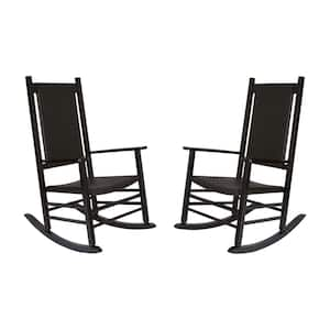 Black Wood Outdoor Rocking Chair Indoor/Outdoor Hampton Porch Rocking Chair w/Rattan Back Support, (Set of 2)