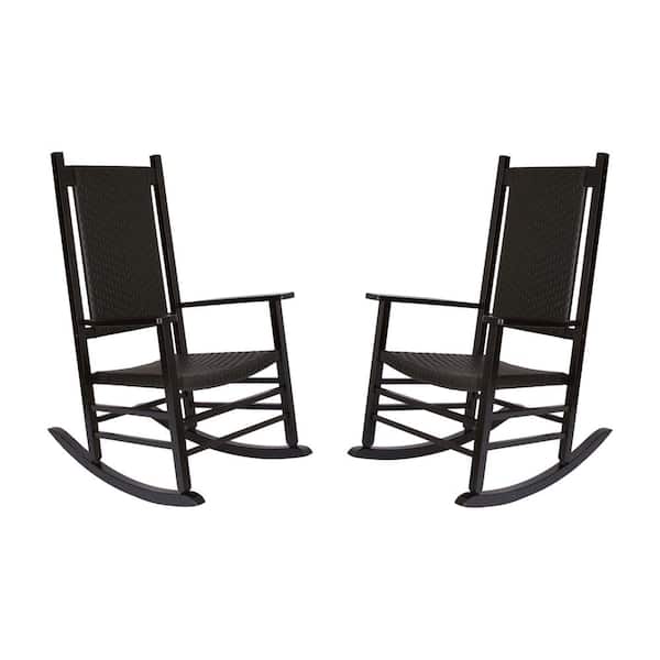 Shine Company Black Wood Outdoor Rocking Chair Indoor/Outdoor Hampton Porch Rocking Chair w/Rattan Back Support, (Set of 2)