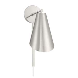 Meridian 6 in. W x 12.5 in. H 1-Light Polished Nickel Wall Sconce with Metal Shade and Included Cord/Plug