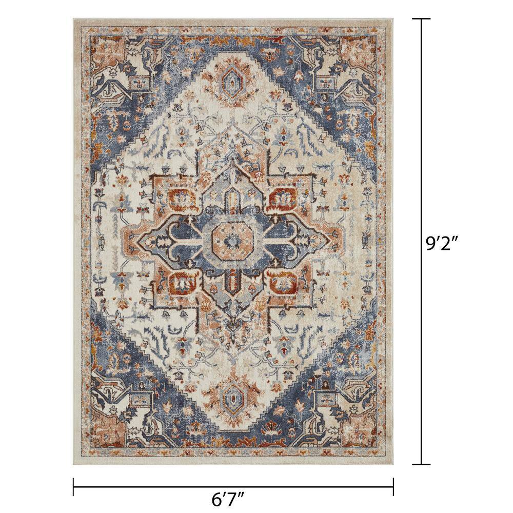 Cream and Blue 6' x 9' Synthetic Oriental Area Rug