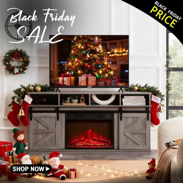 58 in. W Freestanding Electric Fireplace Farmhouse TV Stand with Open Shelves in Grey