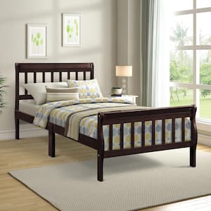 Espresso(Brown) Wood Frame Twin Size Platform Bed, Sleigh Bed with Vertical Hollow Strip Shape Headboard and Footboard
