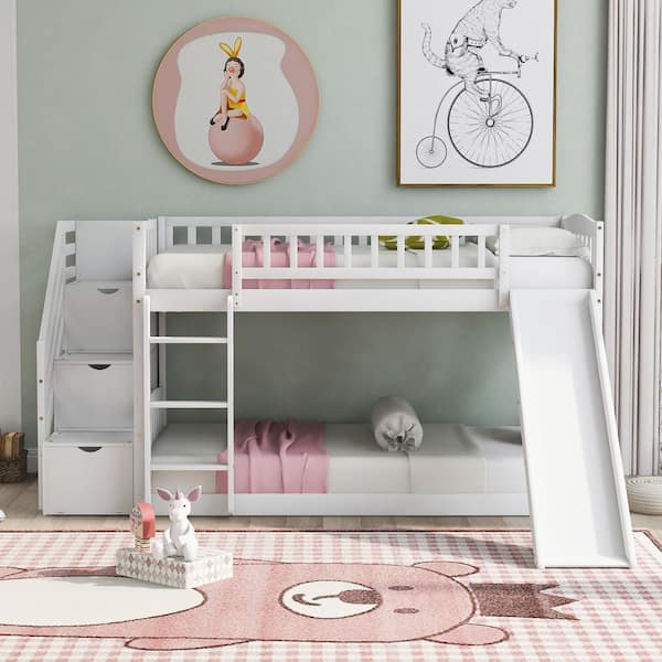 Polibi White Stairway Twin Over Twin Bunk Bed with 2-Drawers and Slide