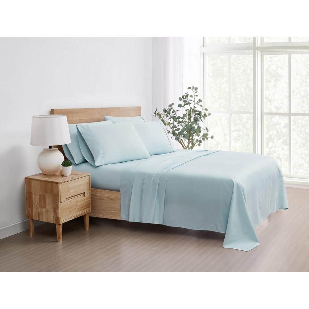 1200TC CVC Cotton Blend Cooling Light Blue 6-Piece Queen Sheet Set