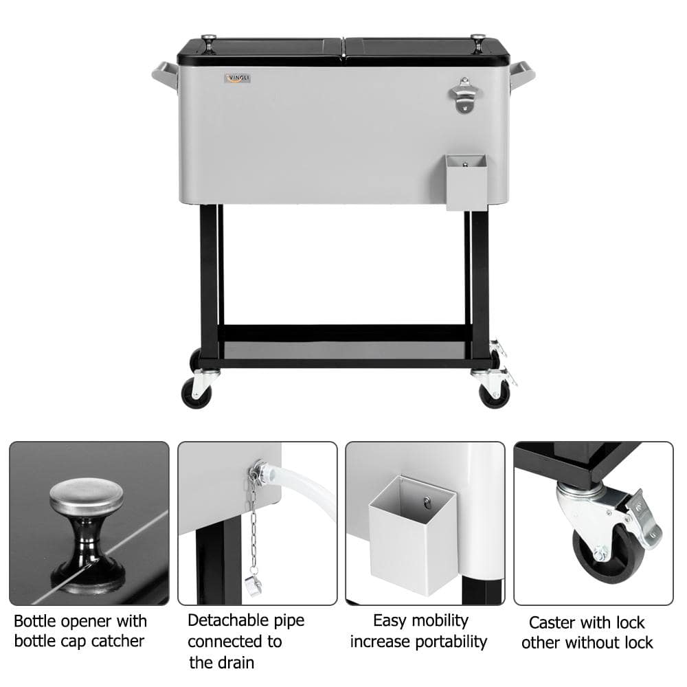 Gray 80QT Rolling Steel Cooler Cart with Wheels and Shelf