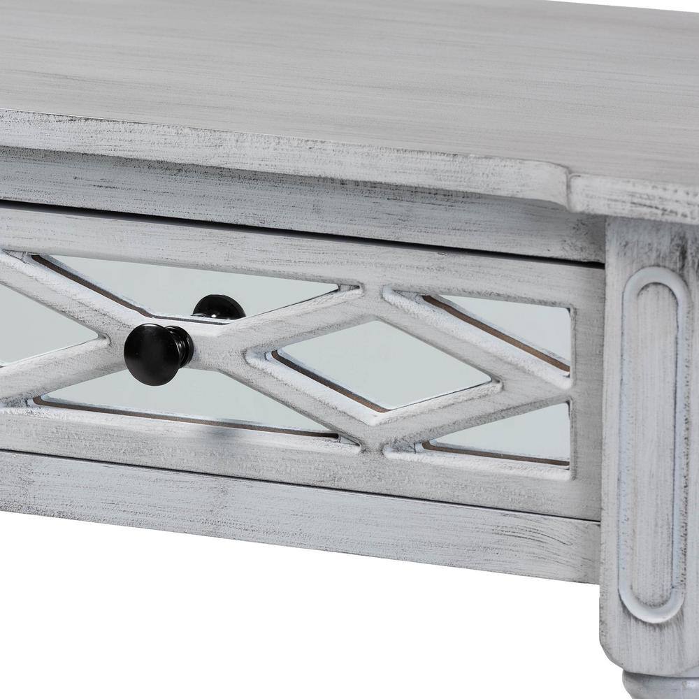 Gray Wood and Mirrored Glass 2-Drawer Console Table with Storage Shelf