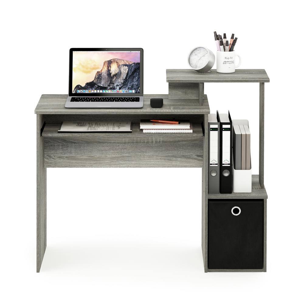 Compact French Oak Grey Computer Desk with Keyboard Tray and Storage Bin