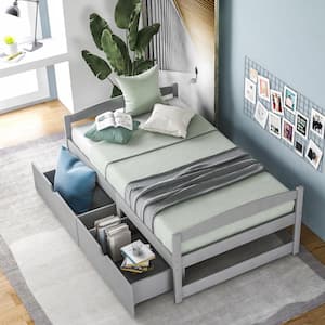 Contemporary Gray Wood Frame Twin Size Platform Bed with 2 Storage Drawers