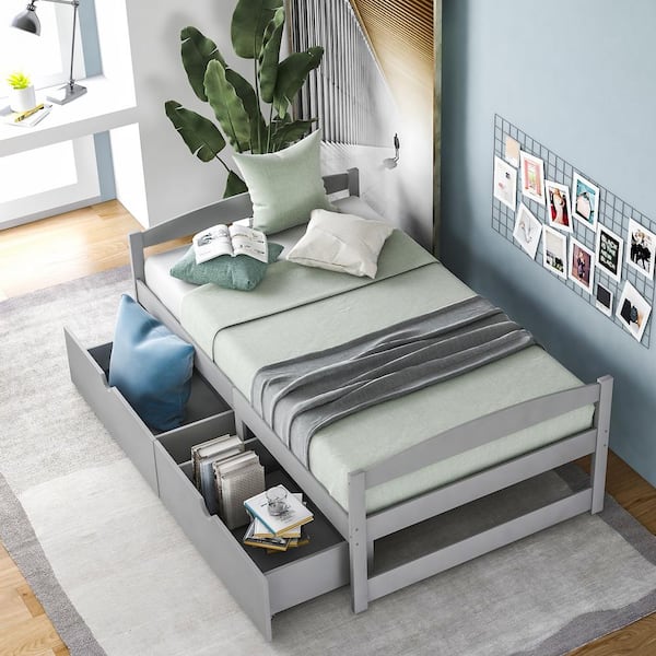 Harper & Bright Designs Contemporary Gray Wood Frame Twin Size Platform Bed with 2 Storage Drawers