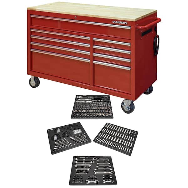 Husky 52 in. W x 25 in. D 9-Drawer Gloss Red Mobile Workbench Tool Chest with Mechanics Tool Set in Foam (320-Piece)