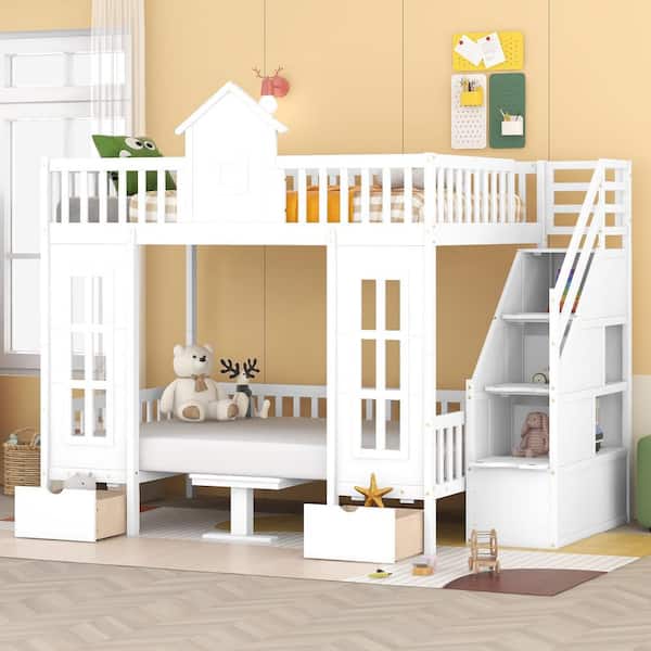 Polibi White Full-Over-Full Bunk Bed with Changeable Table, Bunk Bed Turn into Upper Bed and Down Desk