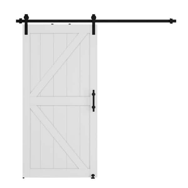 34 in. x 84 in. K Style White MDF Sliding Barn Door Slab with Hardware Kit (with Round Tube Handrail and Sway Stop)