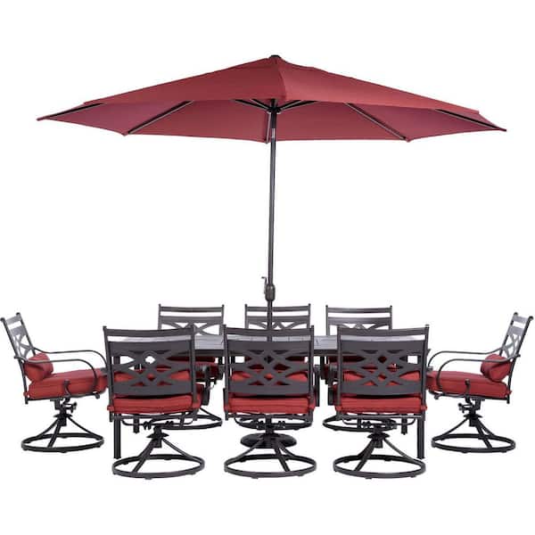 Montclair 9-Piece Steel Outdoor Dining Set with Chili Red Cushions, 8 Swivel Rockers, 42 in. x 84 in. Table and Umbrella