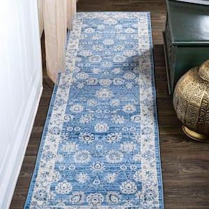 Modern Persian Vintage Moroccan Traditional Blue/Ivory 2 ft. x 10 ft. Runner Rug