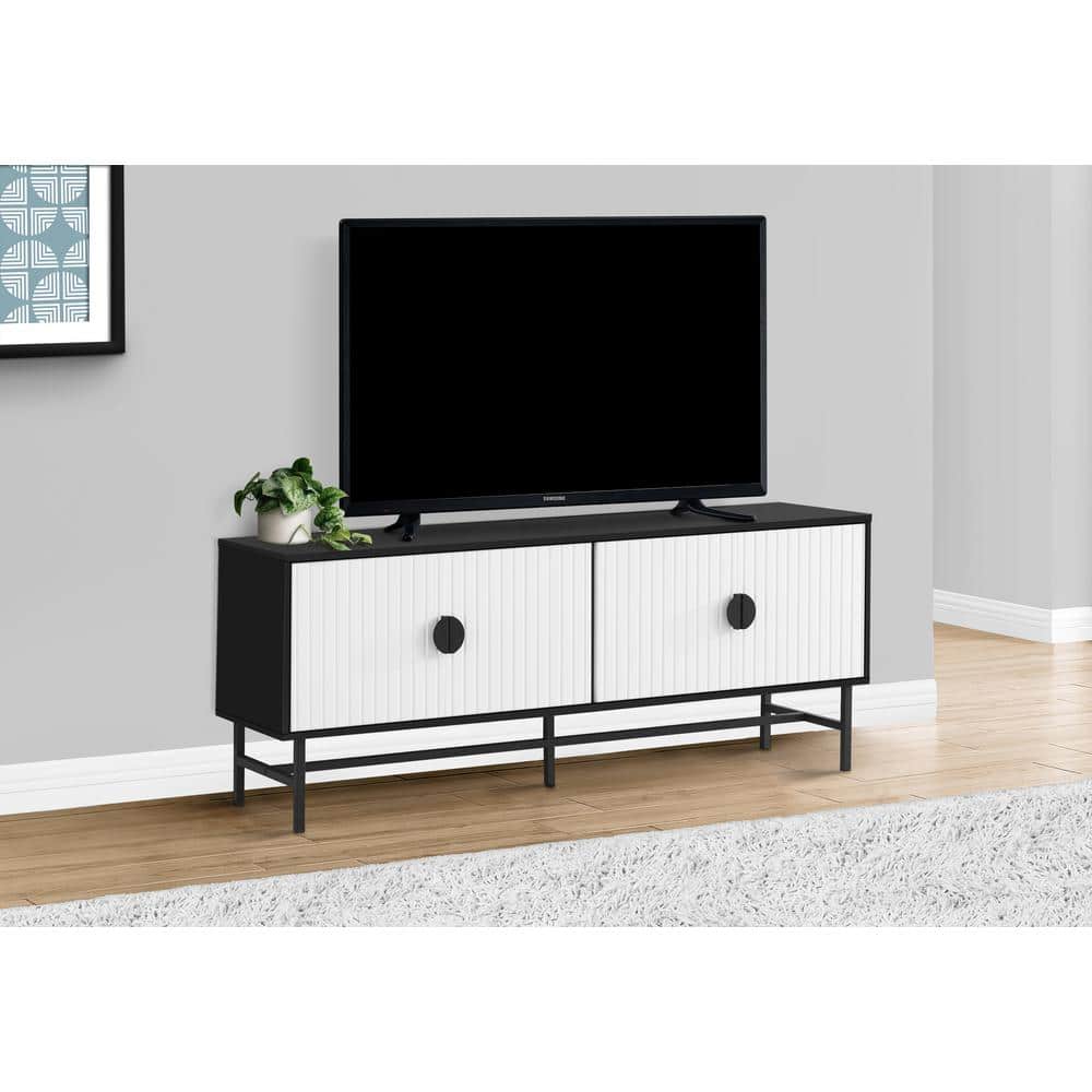 Black and White Tv Stand Fits TVs up to 65-75 in. With Cabinets, Shelves an