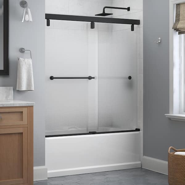 Delta Mod 60 in. x 59-1/4 in. Soft-Close Frameless Sliding Bathtub Door in Matte Black with 1/4 in. (6mm) Droplet Glass