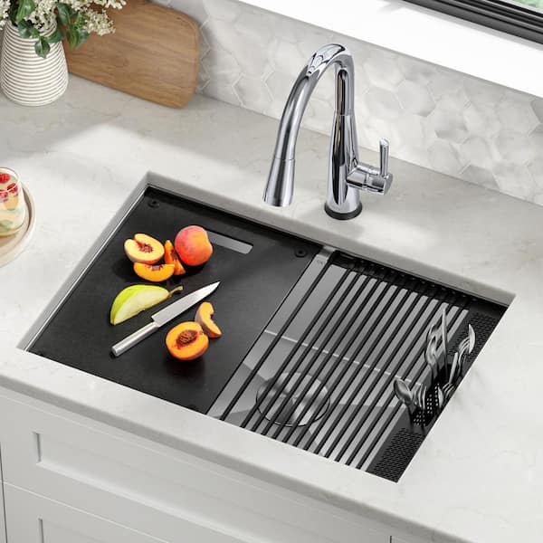 Rivet 16 Gauge Stainless Steel 27 in. Single Bowl Undermount Workstation Kitchen Sink with Accessories
