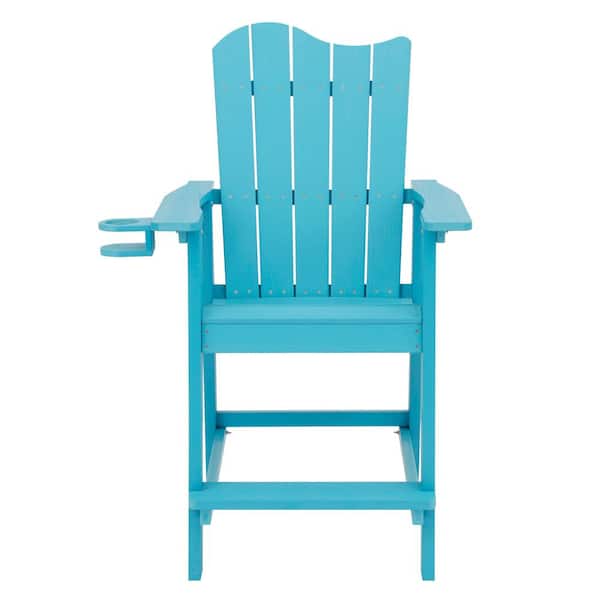 LUE BONA Sky Blue Plastic Adirondack Outdoor Bar Stool with Cup Holder Weather Resistant Wave Design Bar Chair