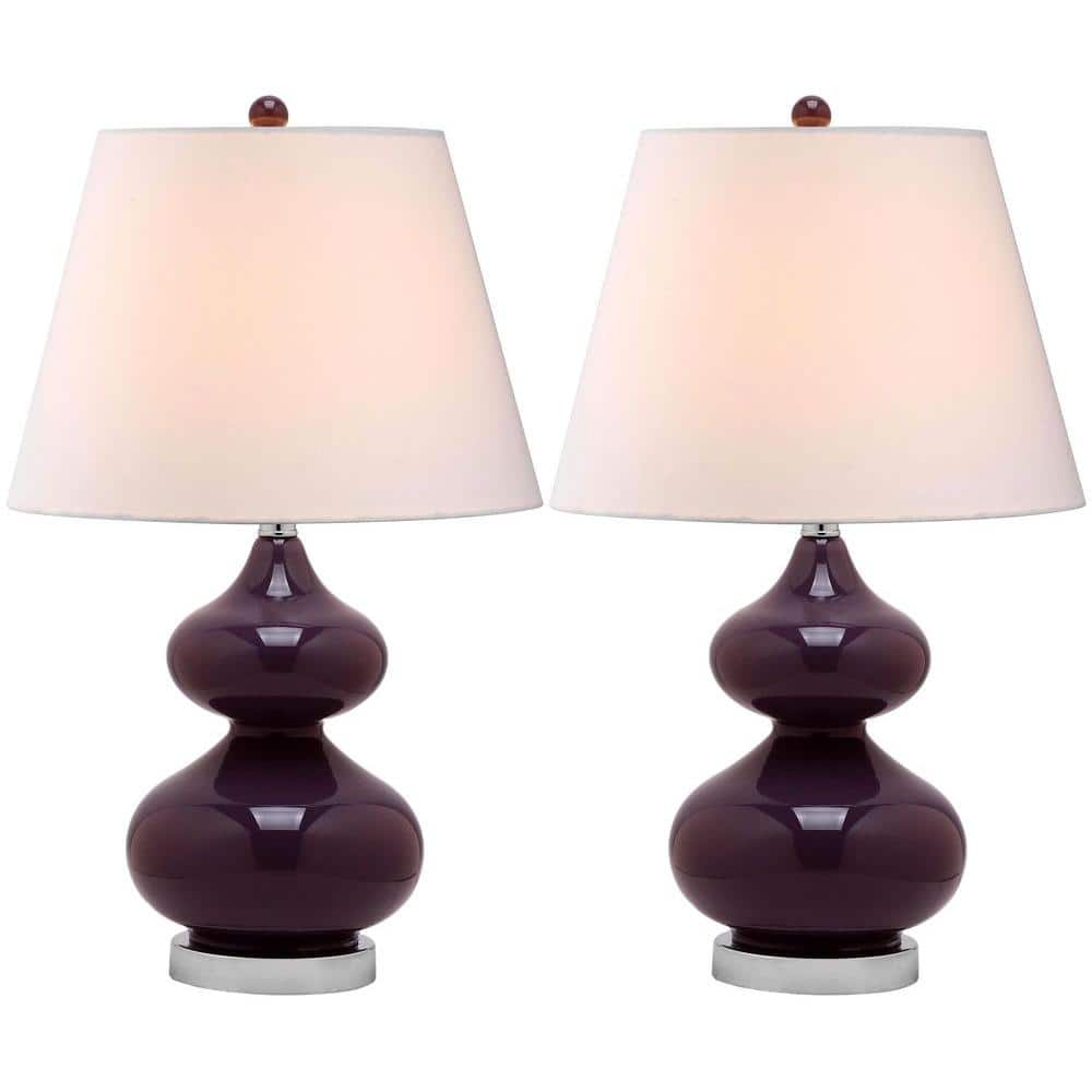 Eva Double Gourd Dark Purple Glass Table Lamp Set with Silver Accents