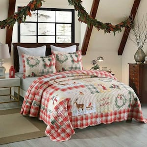 B021 Christmas 3-Piece Red/Multi Snowman Polyester Queen Size Christmas Quilt Set