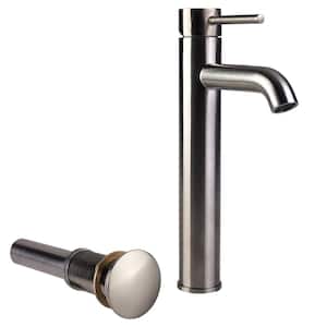 Single Hole Single-Handle High-Arc Vessel Bathroom Faucet with Drain in Brushed Nickel