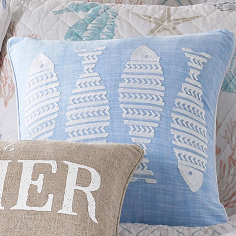 Blue and Cream Embroidered Nautical Fish Throw Pillow
