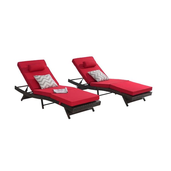 SereneVita Wicker Outdoor Chaise Lounge with Red Cushions Set of 2, Lounge Reclining Chair for Outside Pool, Patio, Beach