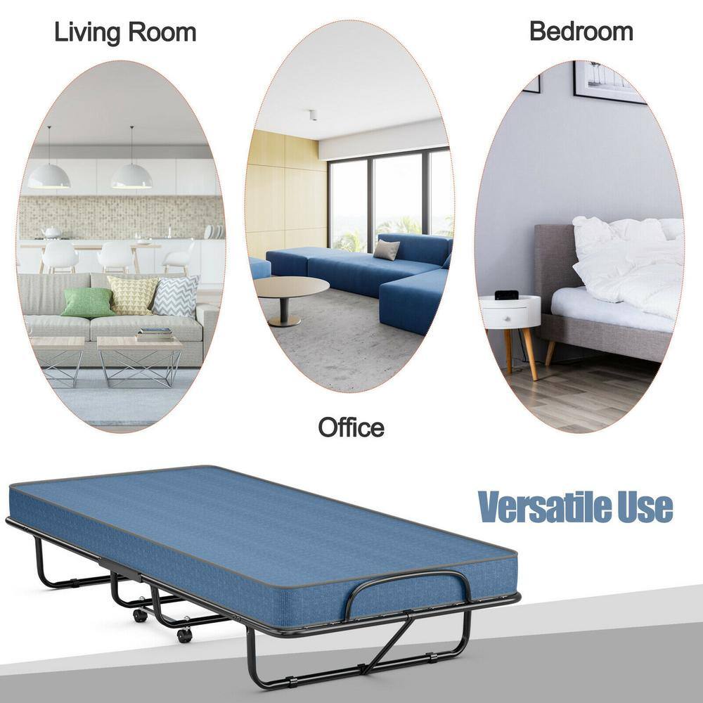Versatile use of rollaway bed in living room, bedroom, and office.