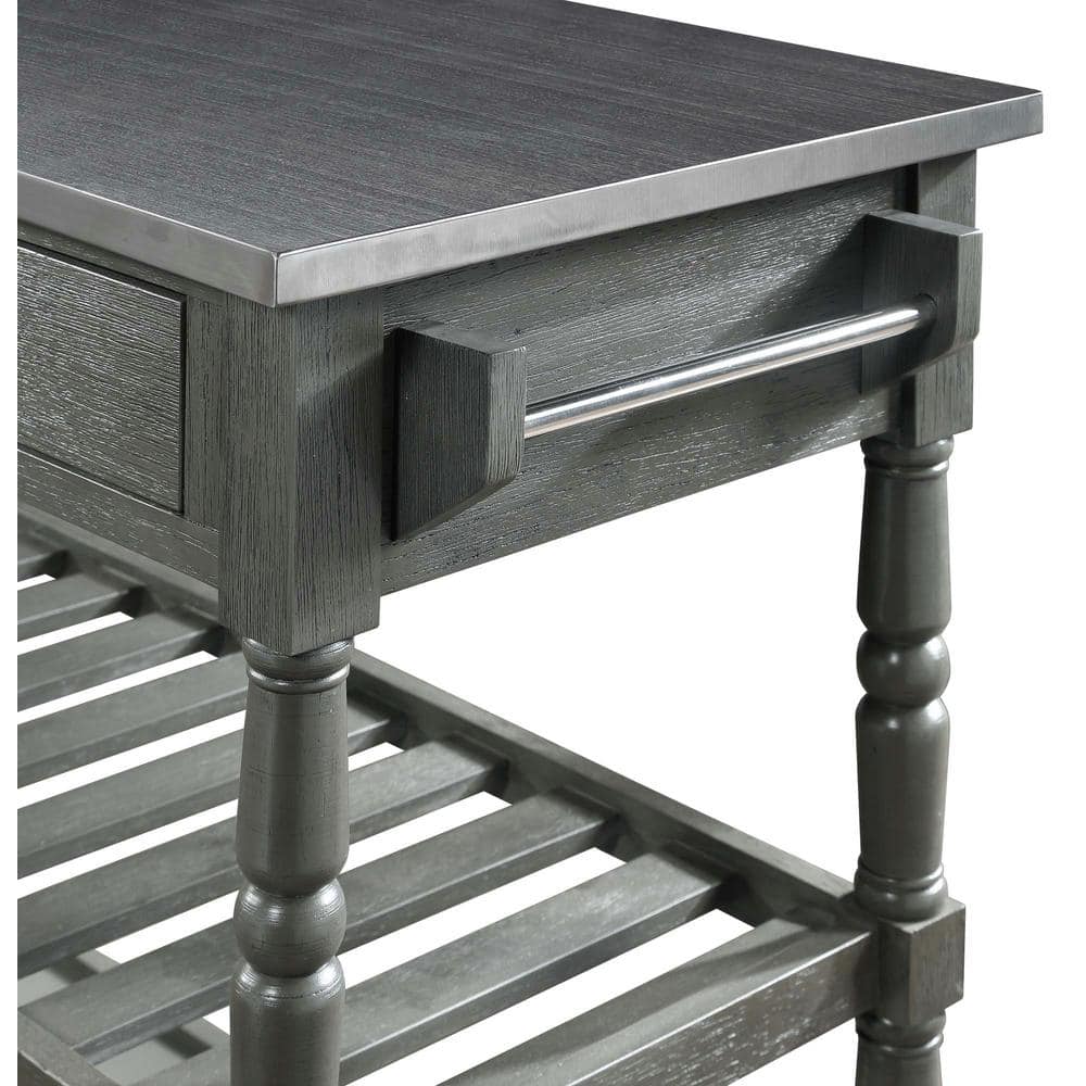 Elegant Stainless Steel and Wirebrush Dark Butcher Block Kitchen Cart with Wine Rack