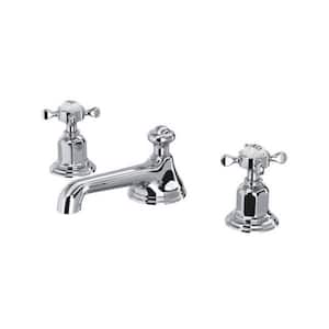 Edwardian 8 in. Widespread Double-Handle Bathroom Faucet with Drain Kit Included in Polished Chrome