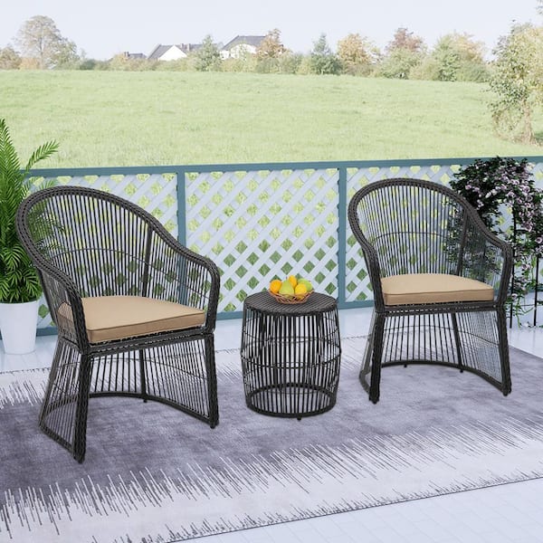 Maypex Black 3-Piece Wicker Outdoor Patio Conversation Set with Beige Cushions
