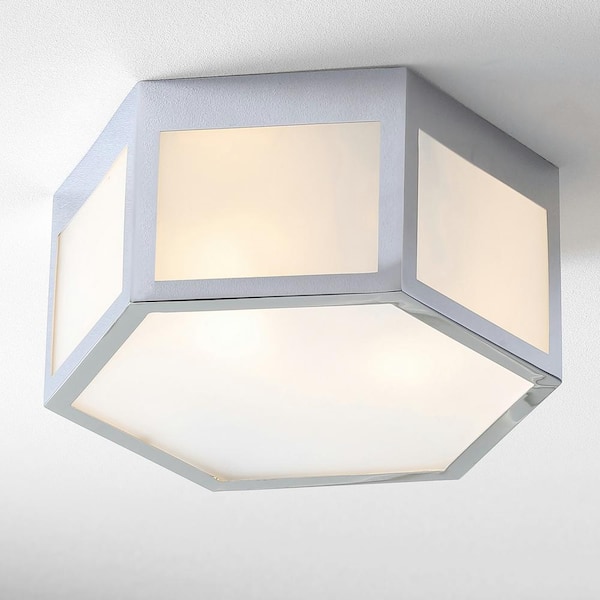 JONATHAN Y Minimo 13 in. Chrome Hexagon Metal/Frosted Glass LED Flush Mount