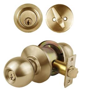 ECB Bright Brass Grade 3 Cylindrical Entry Door Knob 2-3/8 in Backset Lockset and Single Cylinder Deadbolt Combo Pack