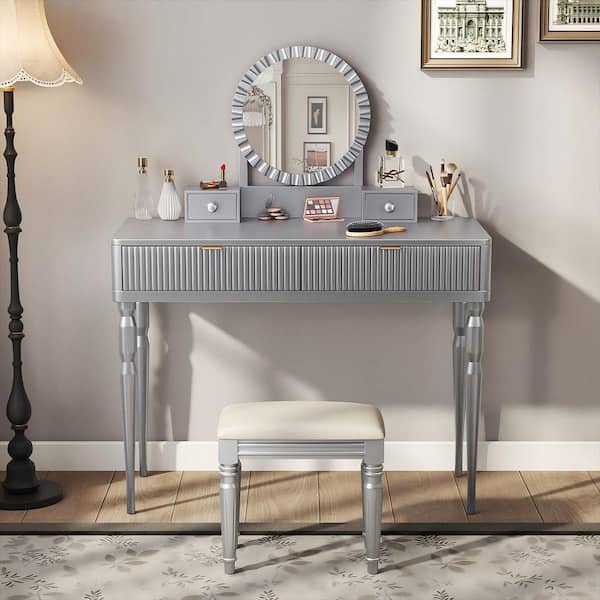 dressing table set grey Ktaxon Vanity Table Set with 3 Color Light, Makeup Vanity Desk with 6 Drawers, with USB Charging Station for Bedroom, Grey
