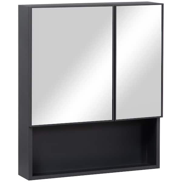 23.5" W x 5.25" D x 27.5" H Black Wall-Mounted Medicine Cabinet, Bathroom Mirror Cabinet with Doors and Storage Shelves