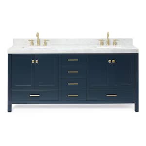 Cambridge 72 in. W x 22 in. D x 36.5 in. H Double Freestanding Bath Vanity in Midnight Blue with Carrara Marble Top