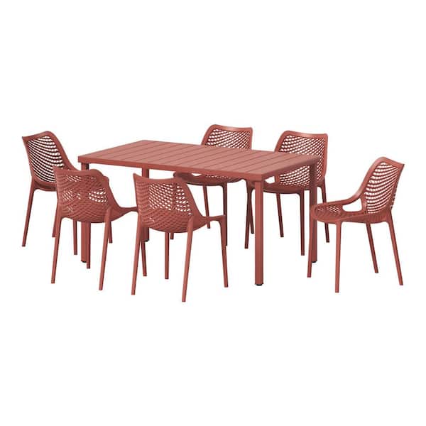 Frond and Form Modern Outdoor Patio 7-Piece Rectangular Iron Table Dining Set w/ Plastic Stackable Chairs, Red