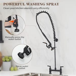 Commercial Double Handles Deck Mount Pre-Rinse Utility Pull Down Sprayer Kitchen Faucet Space Saver in Matte Black