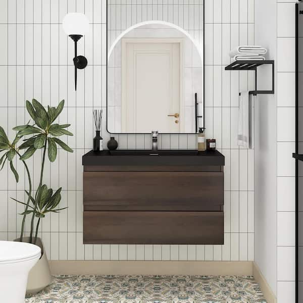 Boosicavelly 36 in. W x 19.5 in. D x 22.5 in. H Single Sink Wall-Mounted Bath Vanity in Grey Oak with Black Resin Top
