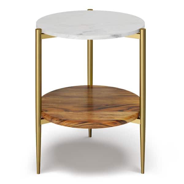 Simpli Home Wagner 18 in. W White/Natural Round Marble and Wood Side Table