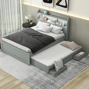 Gray Wood Frame Full XL Platform Bed with Twin Size Trundle, 2 Drawers, USB Charging, LED Headboard with Shelves