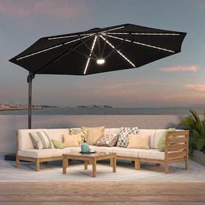 11 ft. LED Outdoor Cantilever Patio Umbrella with a Base and 360° Rotation and Infinite Canopy Angle Adjustment Black