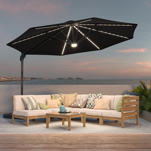 Sonkuki 11 ft. LED Outdoor Cantilever Patio Umbrella with a Base and 360° Rotation and Infinite Canopy Angle Adjustment Black