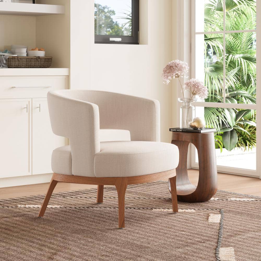 Penryn Beige Upholstered Accent Chair with Wooden Base