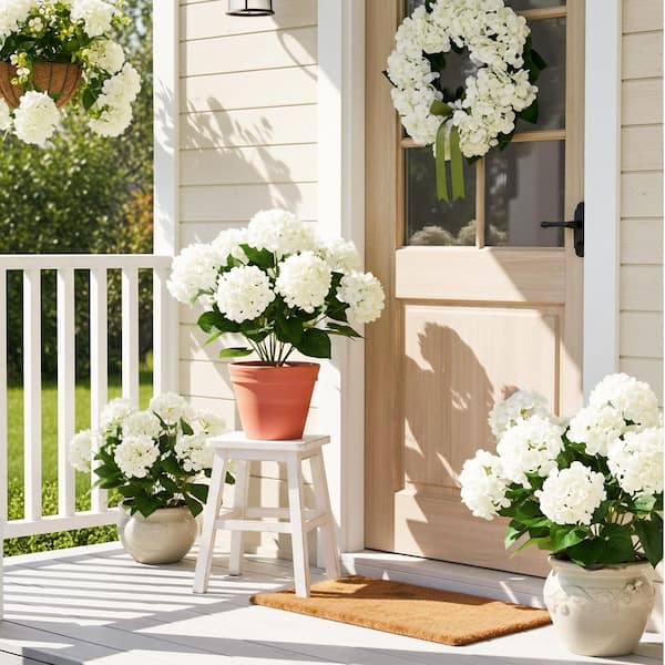 3.93 in. White Artificial Hydrangea Branch UV Resistant Waterproof