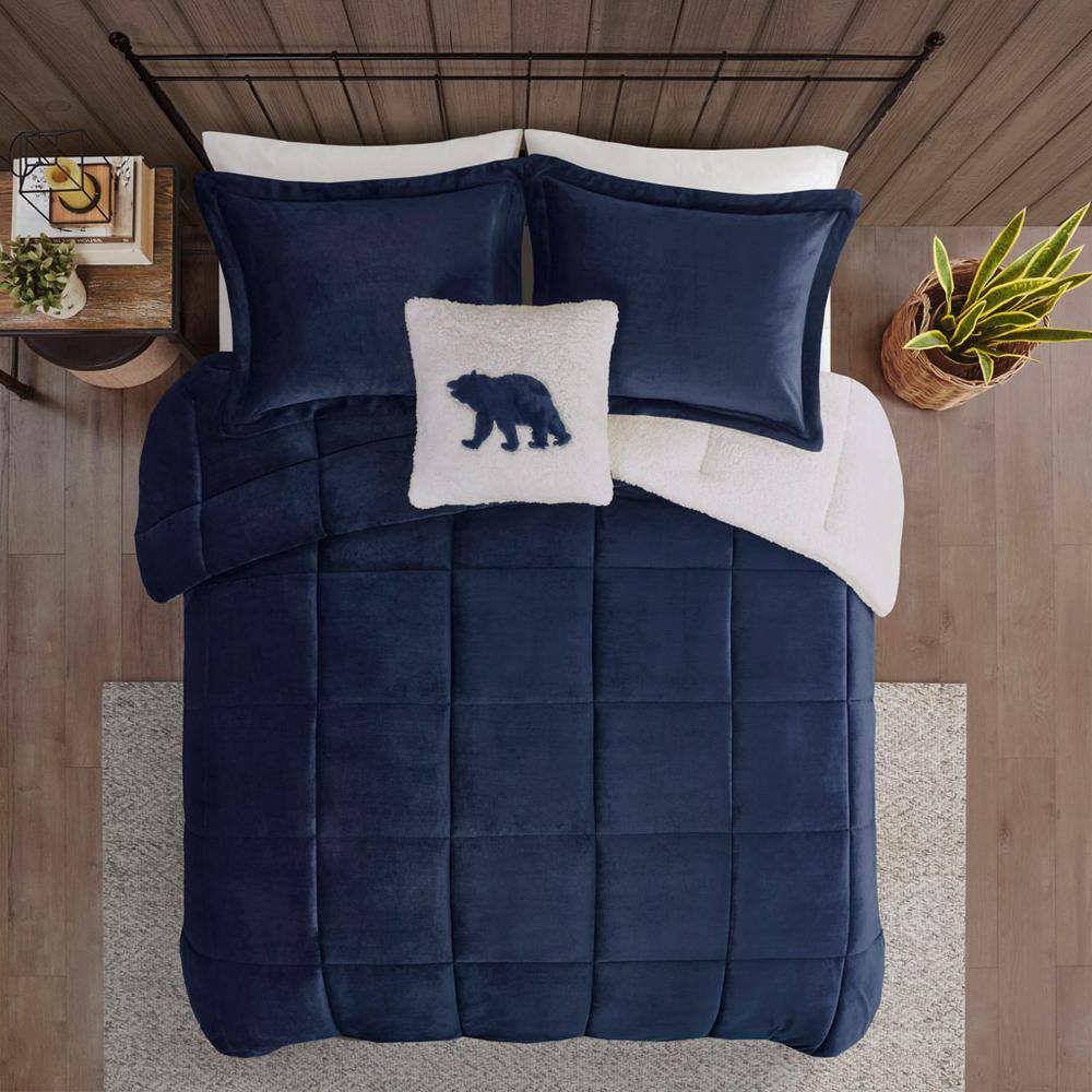 Full Navy/Ivory Down Alternative Comforter Set with Sherpa